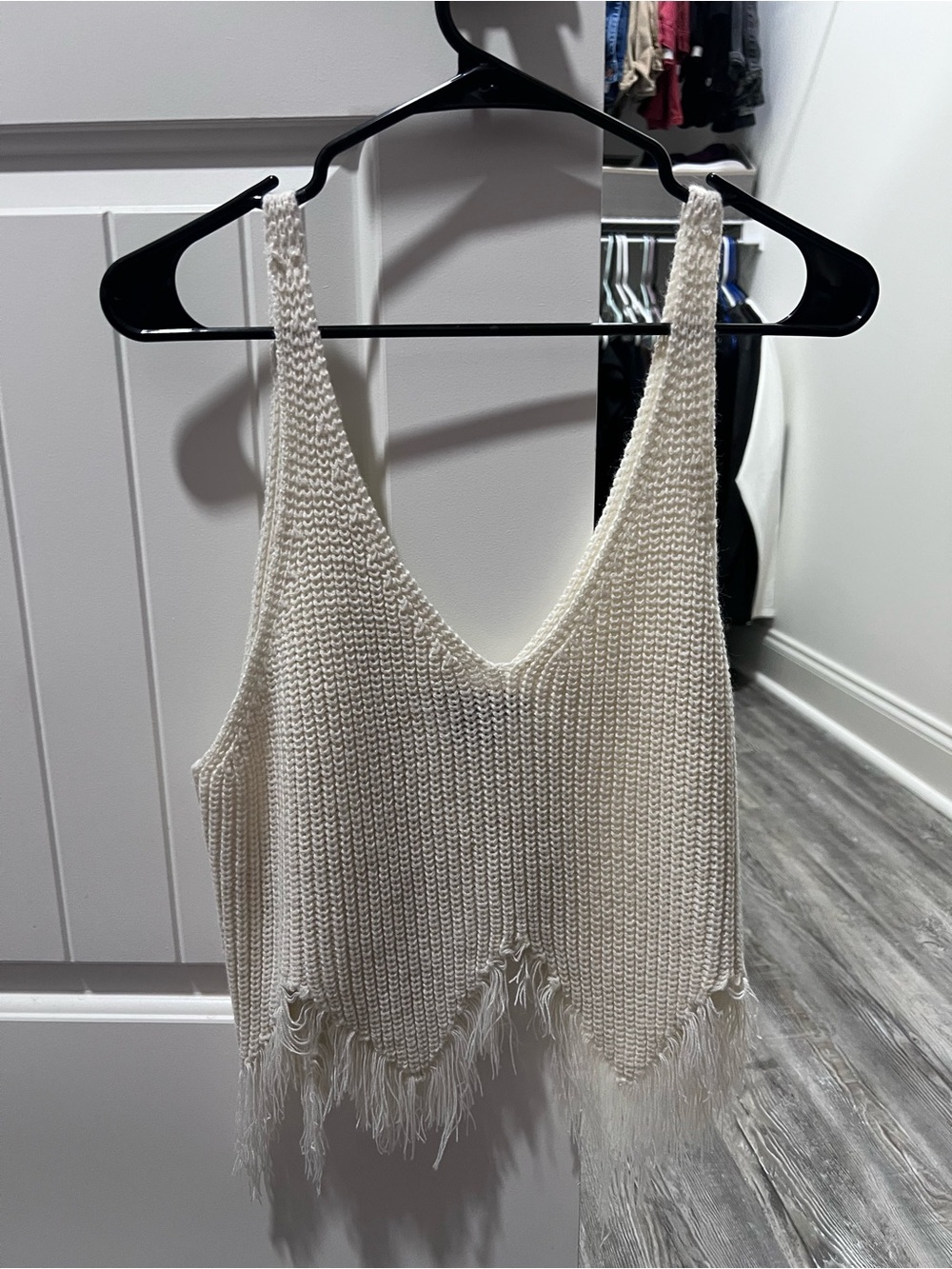Fringe V-Neck Knit Tank Sweater - Cream